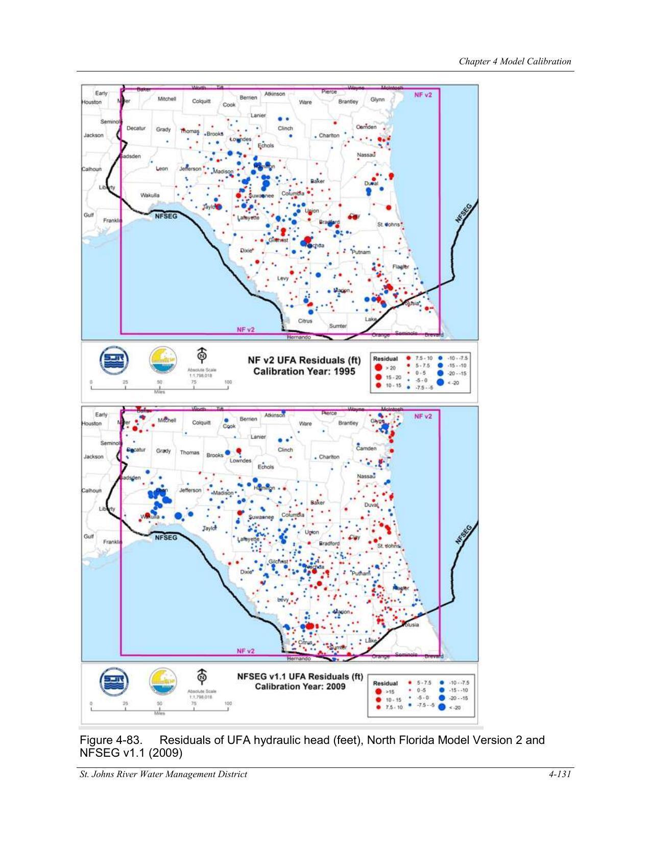 Figure 4-83. Residuals of UFA hydraulic head (feet), North Florida Model Version 2 and