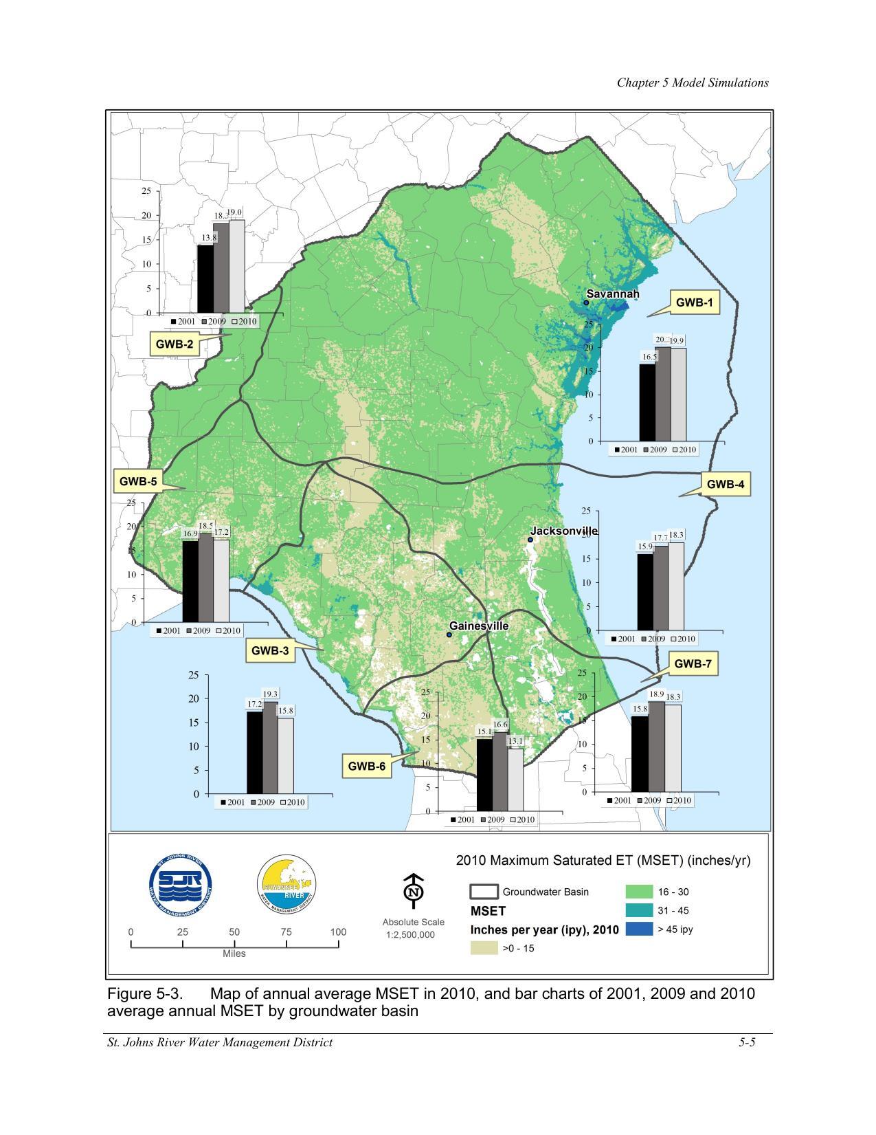 Figure 5-3. Map of annual average MSET in 2010, and bar charts of 2001, 2009 and 2010