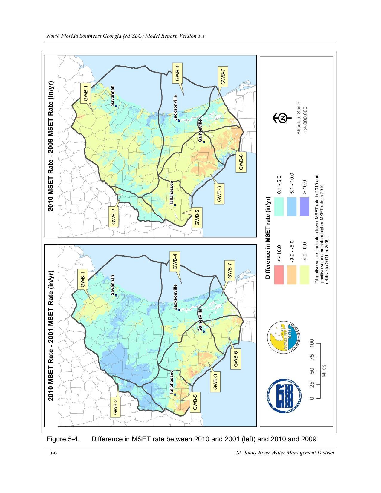 Figure 5-4. Difference in precipitation rate between 2010 and 2001 (left) and 2010 and 2009