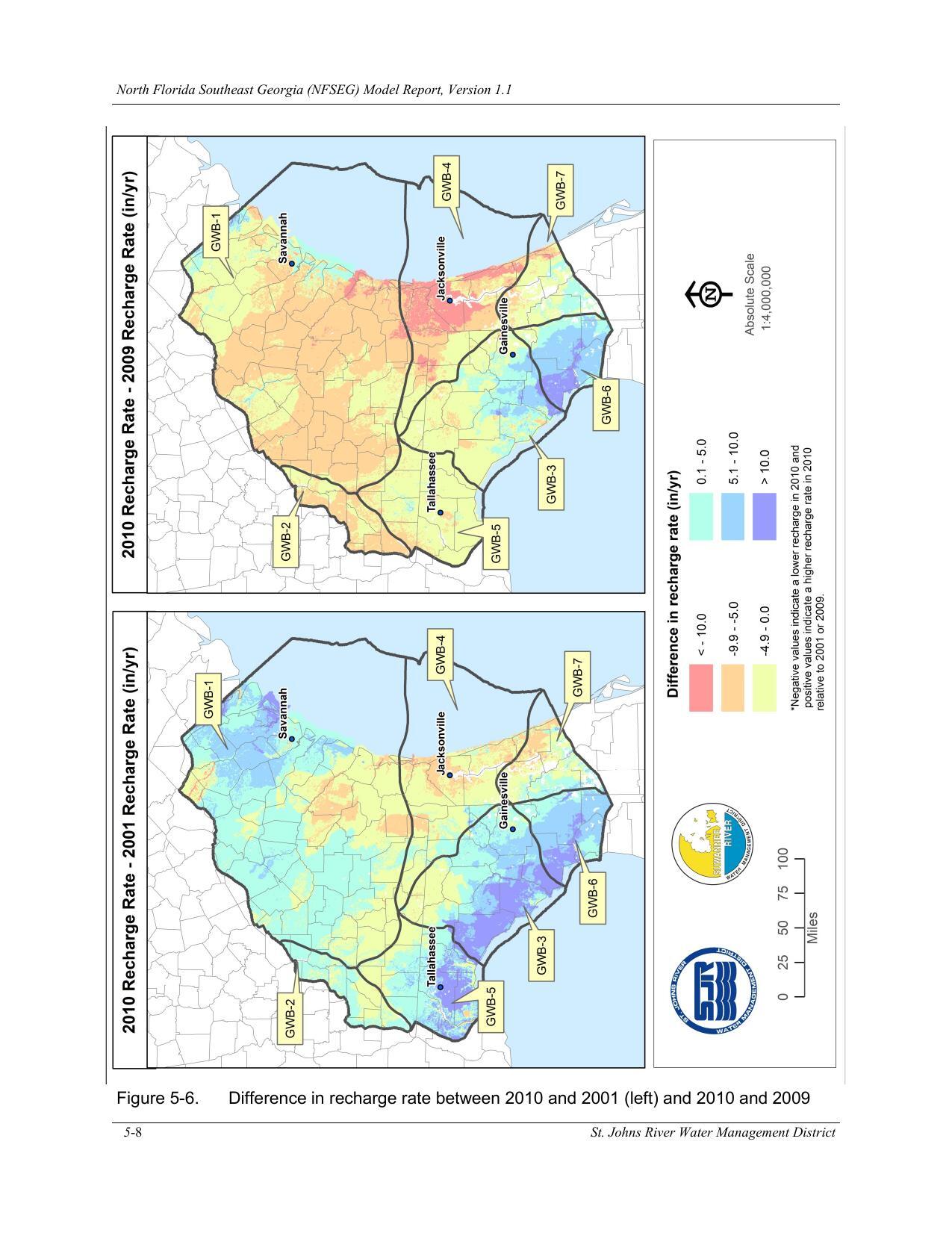 Figure 5-6. Difference in recharge rate between 2010 and 2001 (left) and 2010 and 2009