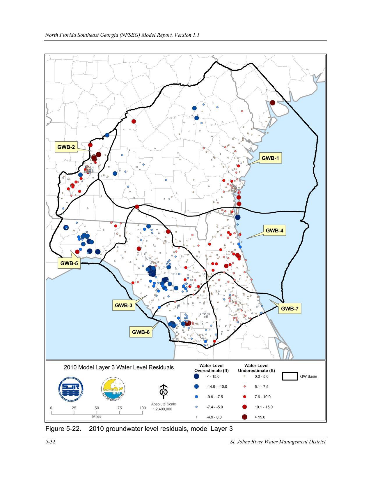 Figure 5-22. 2010 groundwater level residuals, model Layer 3