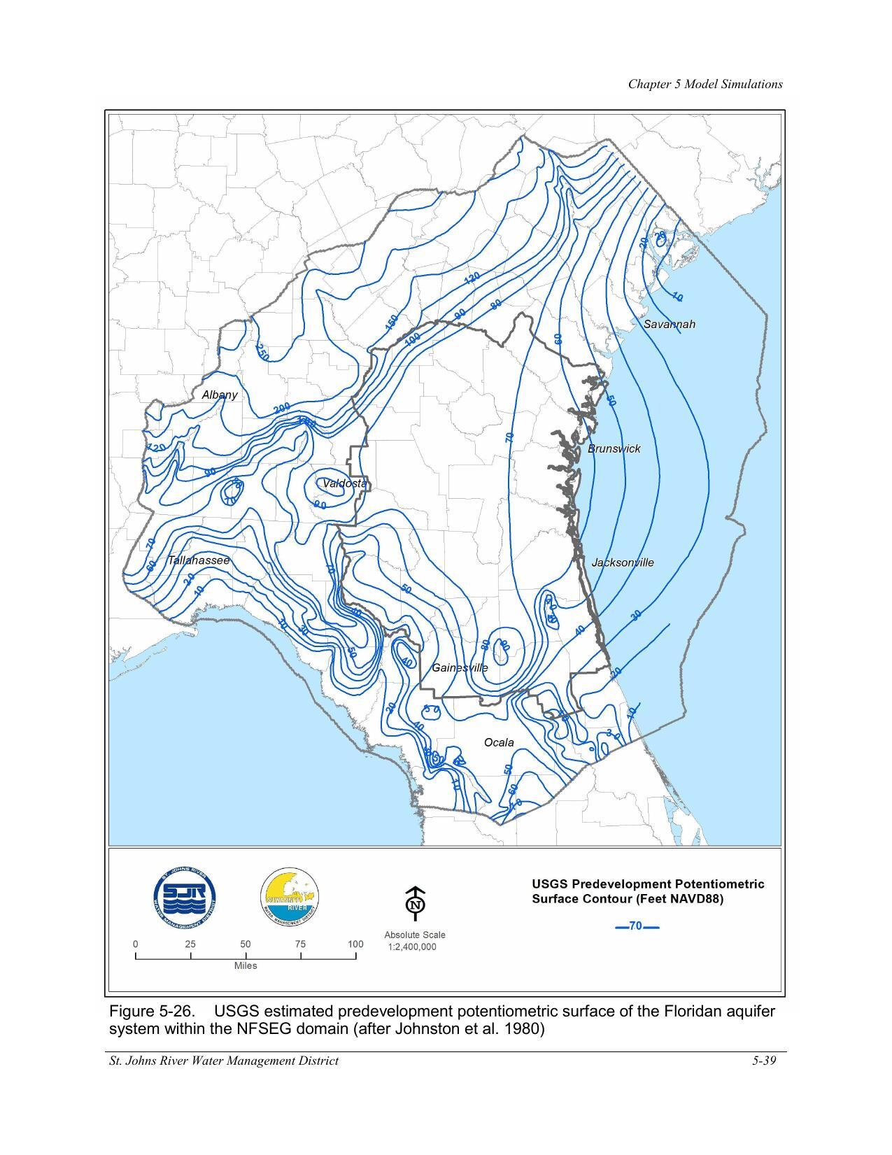 Figure 5-26. USGS estimated predevelopment potentiometric surface of the Floridan aquifer