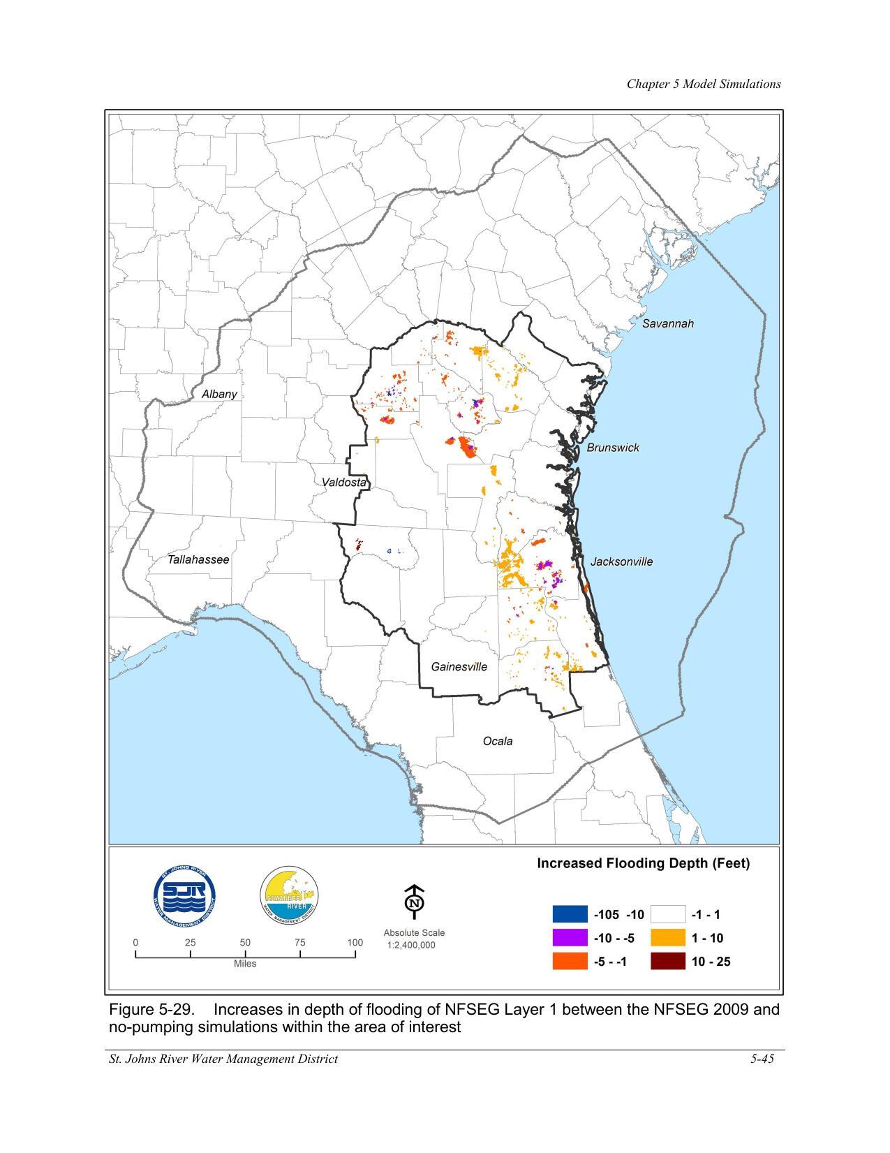 Figure 5-29. Increases in depth of flooding of NFSEG Layer 1 between the NFSEG 2009 and