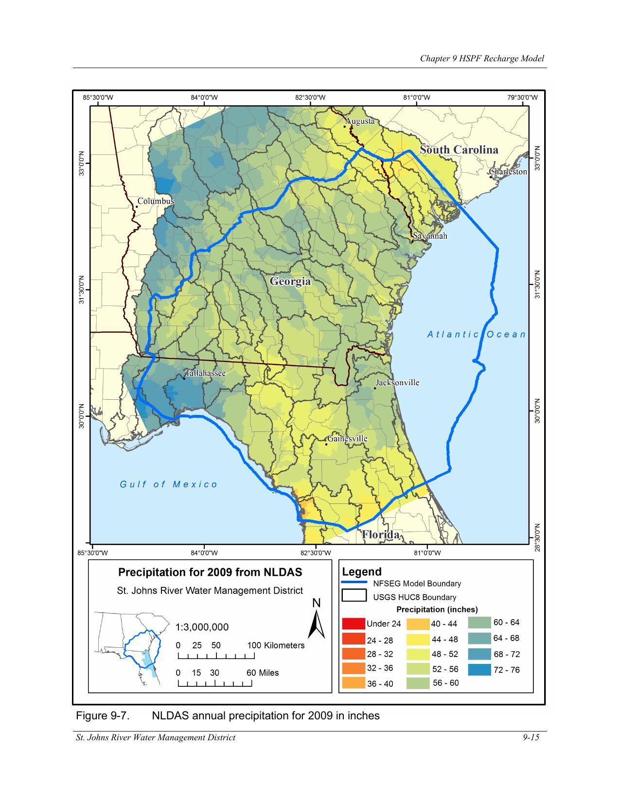 Figure 9-7. NLDAS annual precipitation for 2009 in inches