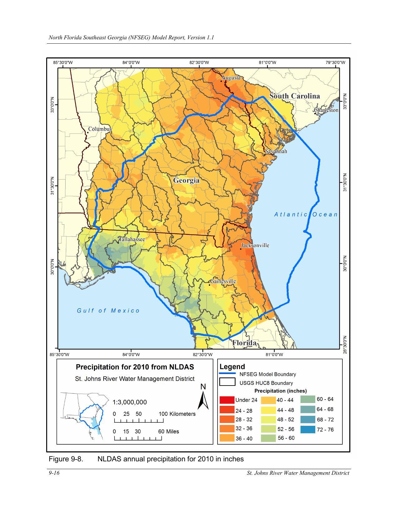 Figure 9-8. NLDAS annual precipitation for 2010 in inches