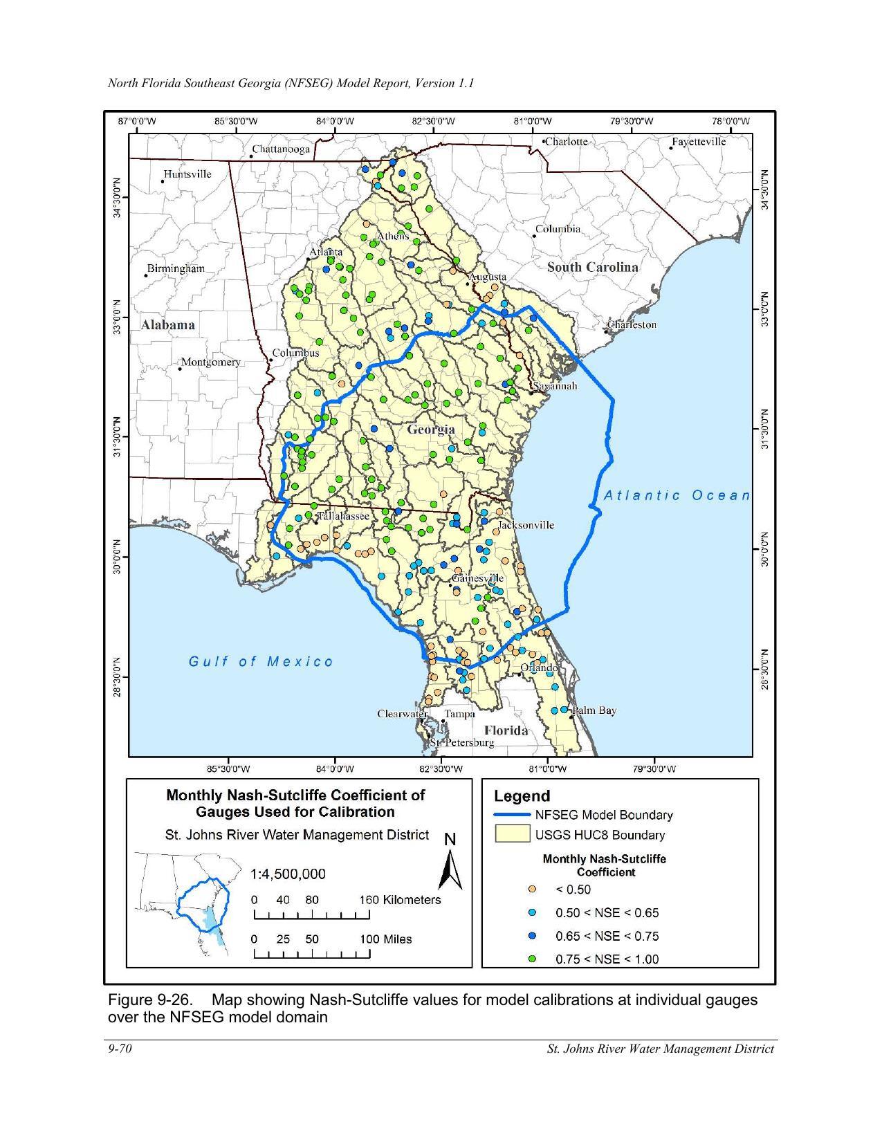 Figure 9-26. Map showing Nash-Sutcliffe values for model calibrations at individual gauges