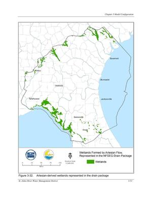 [Figure 3-32. Artesian-derived wetlands represented in the drain package]