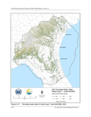 [Figure 4-15. Simulated water table of model Layer 1 (feet NAVD88), 2001]