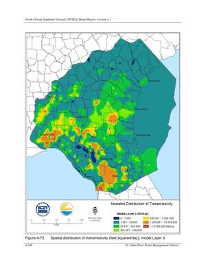 [Figure 4-73. Spatial distribution of transmissivity (feet squared/day), model Layer 3]