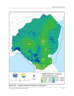 [Figure 4-82. Modeled distribution of leakance, model Layer 4]
