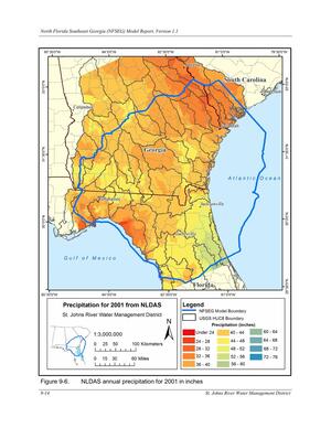 [Figure 9-6. NLDAS annual precipitation for 2001 in inches]