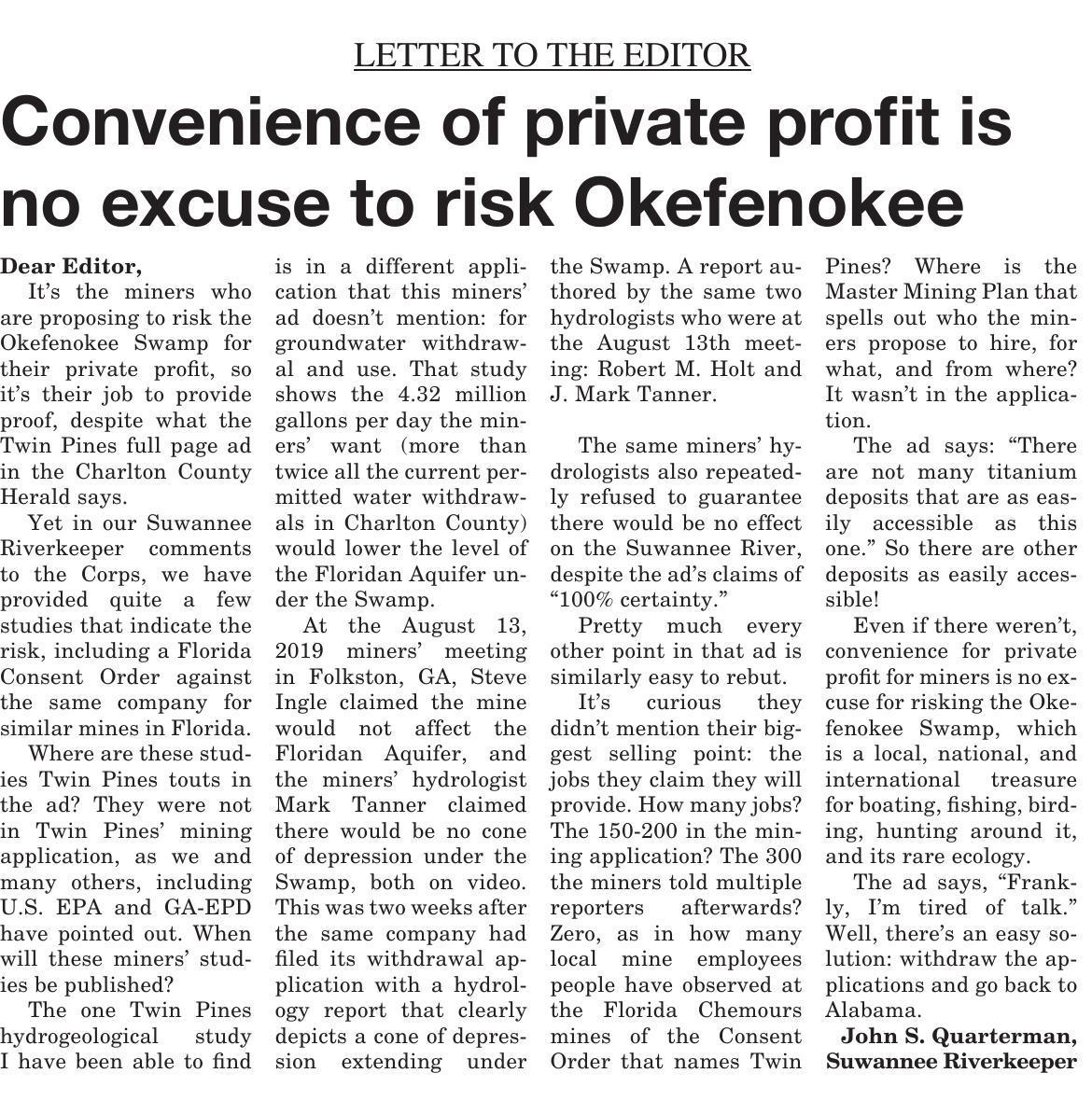 Convenience of private profit is no excuse to risk Okefenokee --Suwannee Riverkeeper