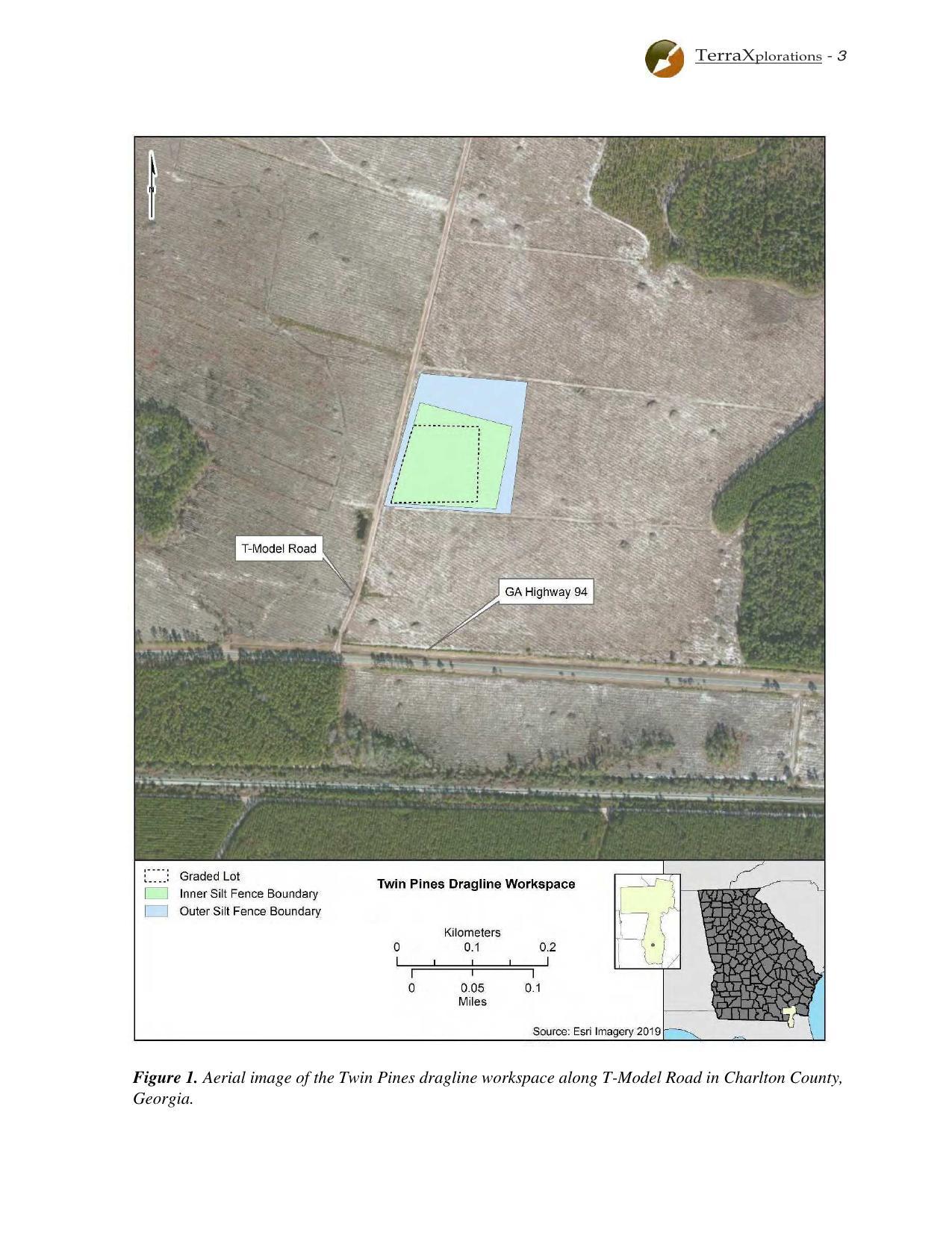 Fig. 1. Aerial image of the Twin Pines dragline workspace along T-Model Road in Charlton County,