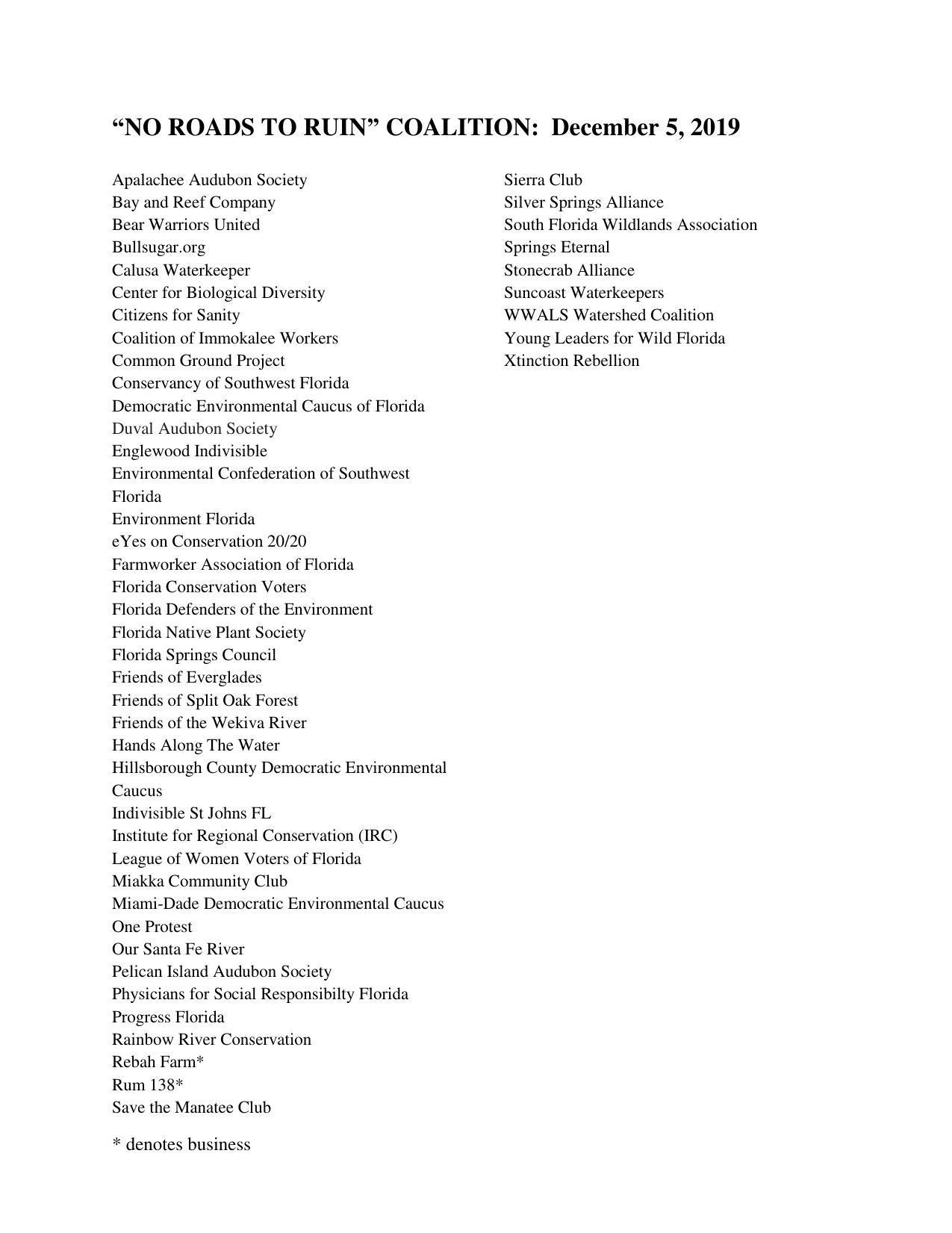 NO ROADS TO RUIN COALITION Partners 2019-12-05