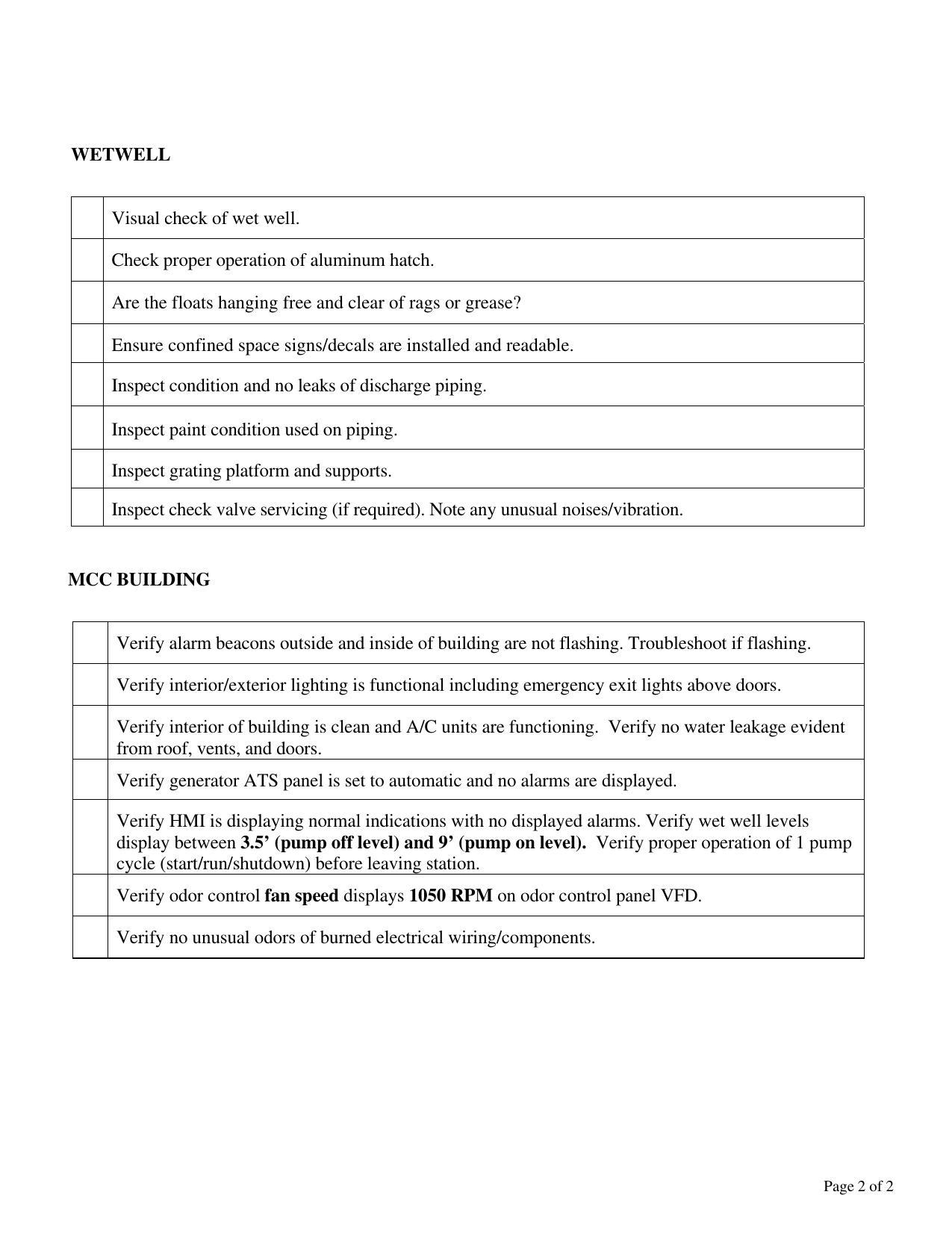 2 of Remer Pump Station Inspection CheckList