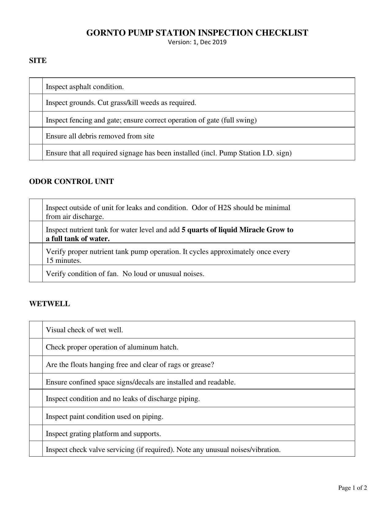 1 of Gornto Pump Station Inspection CheckList