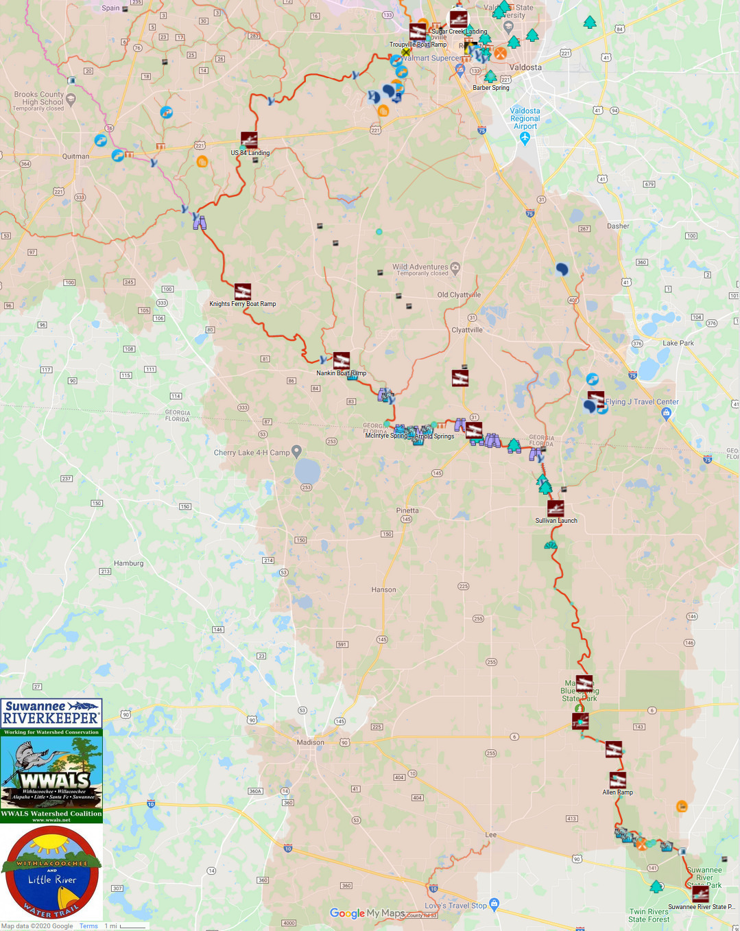 Map: Valdosta and Quitman, Withlacoochee River to Suwannee River