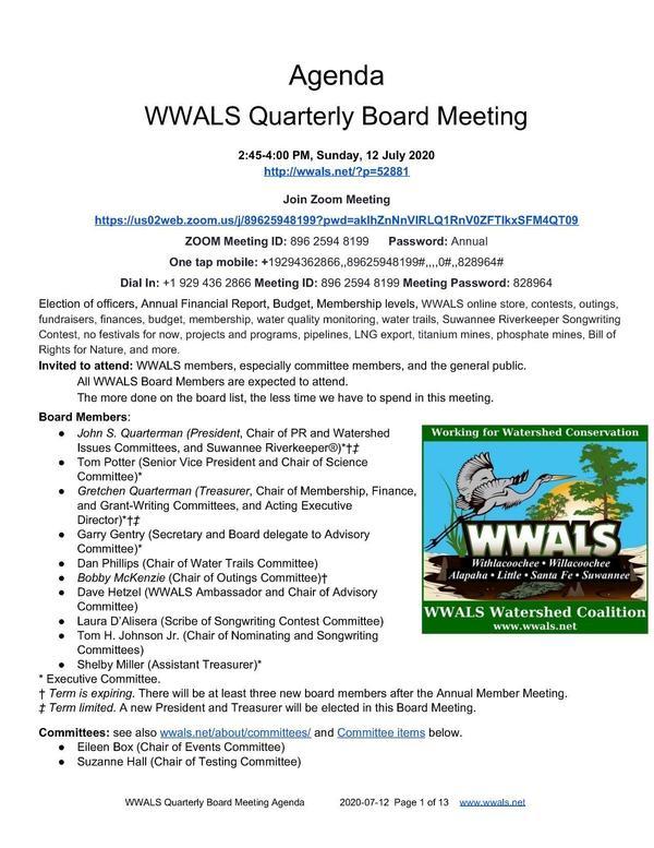 [WWALS Quarterly Board Meeting]