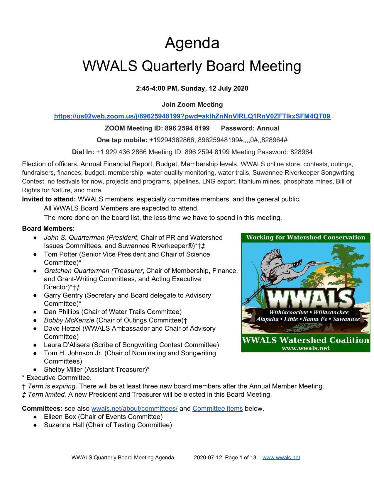 WWALS Quarterly Board Meeting