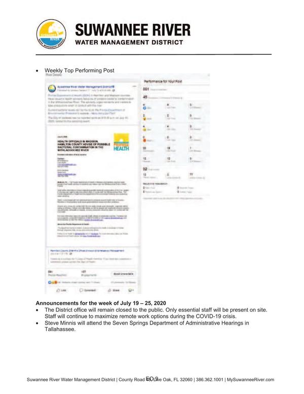 [Weekly Top Performing Post: July 9 Advisory, Bacterial Contamination, Withlacoochee River]