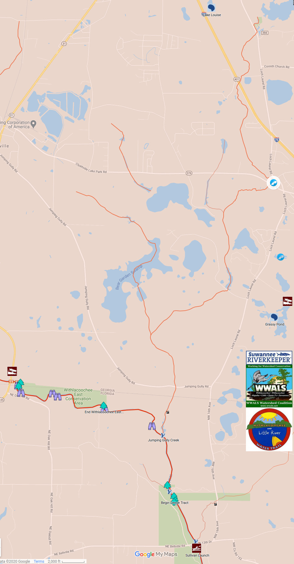 Map: Bevel Creek, Jumping Gully Creek, Withlacoochee River