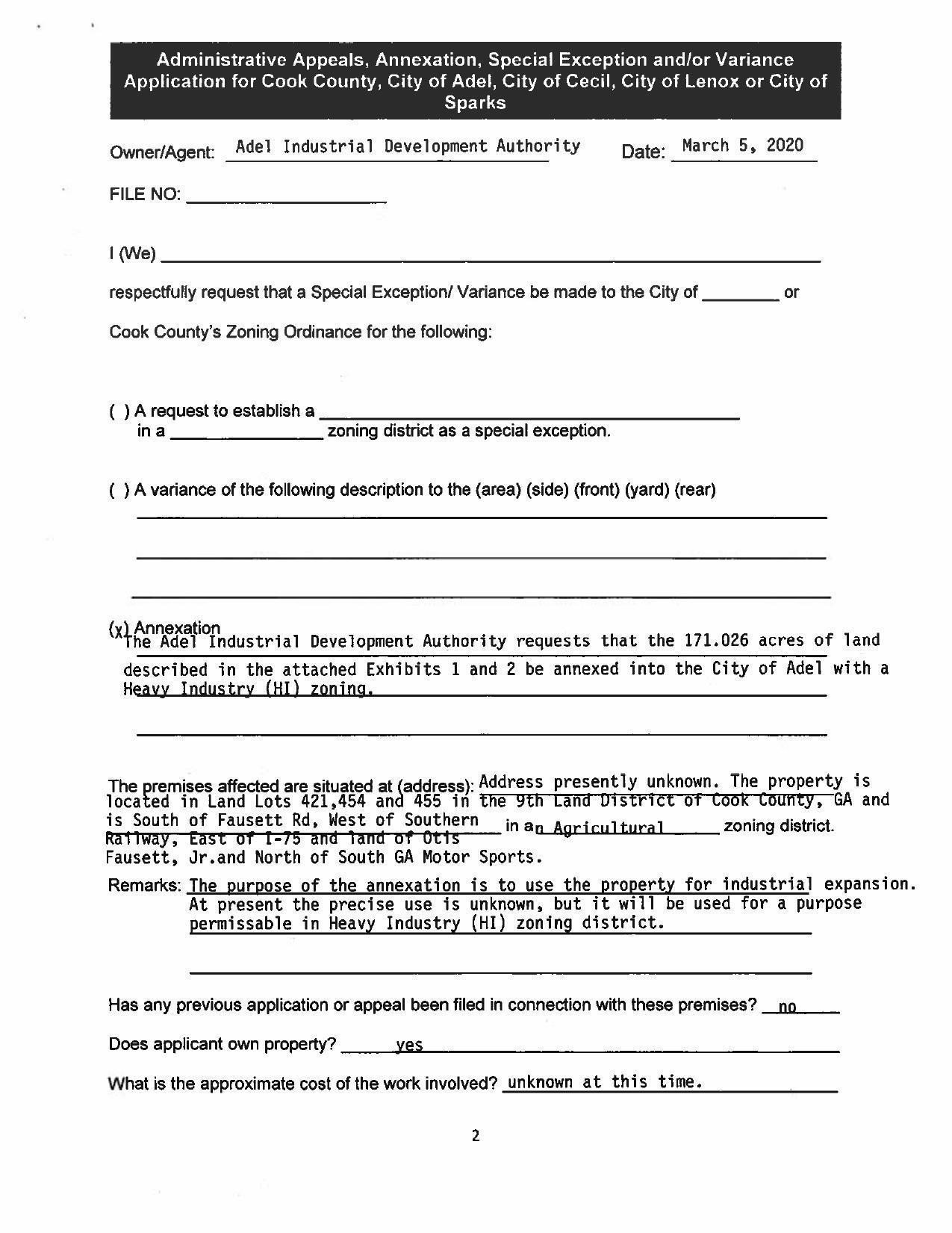 Rezone 171.026 acres Heavy Industrial, by Adel Industrial Development Authority, owner as of 2020-03-05