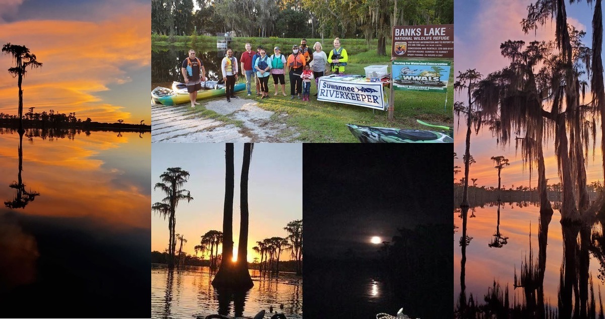 Sunset, moonrise, and paddlers with banners