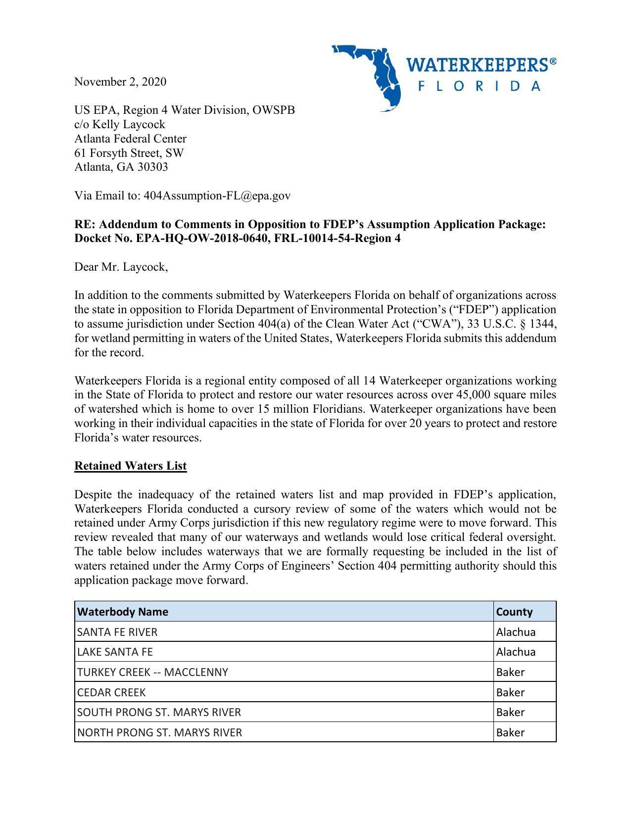 to assume jurisdiction for wetland permitting; Retained Waters List