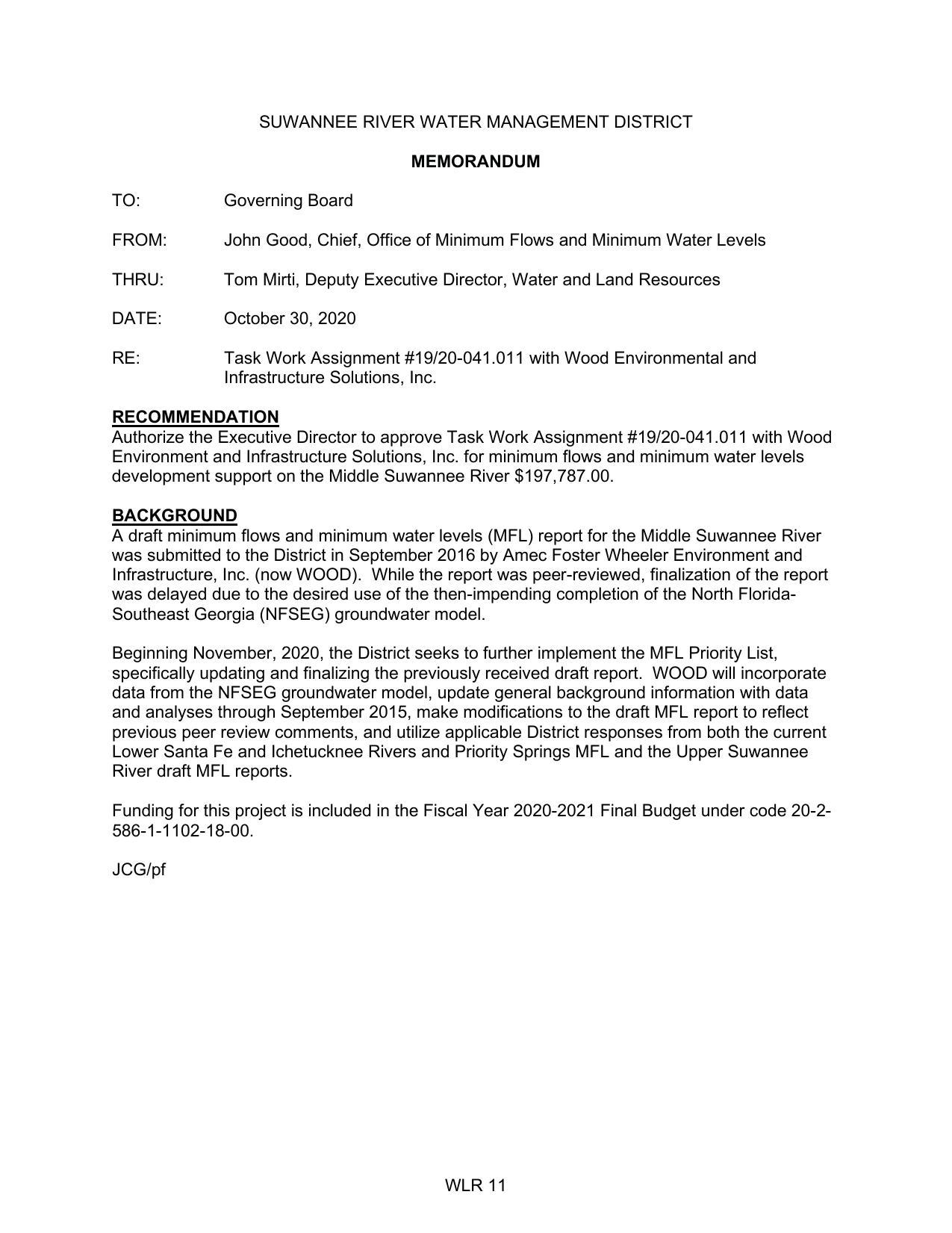 for minimum flows and minimum water levels development support on the Middle Suwannee River $197,787.00.