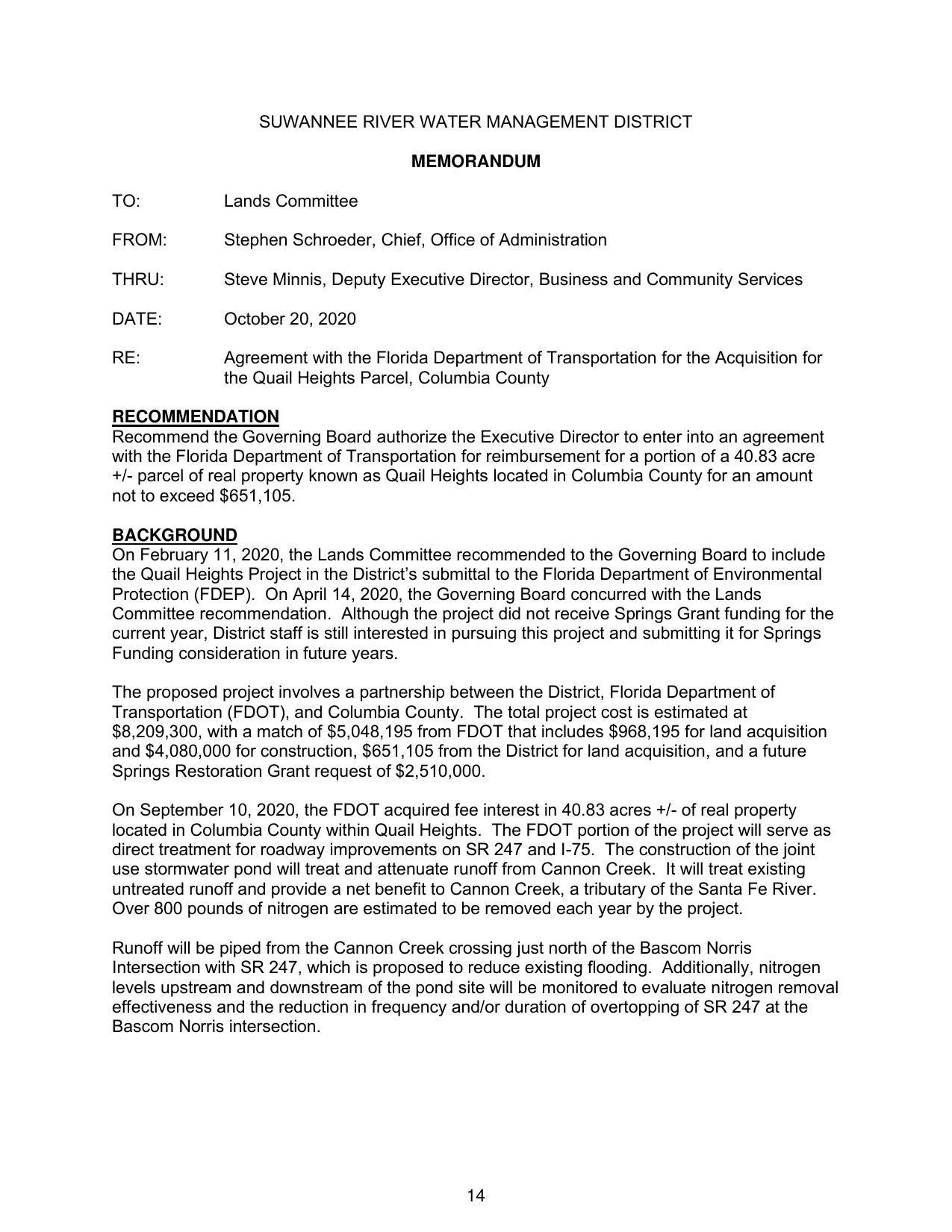 reimbursement to FDOT for a portion of a 40.83 acre +/- parcel of real property known as Quail Heights located in Columbia County for an amount not to exceed $651,105.