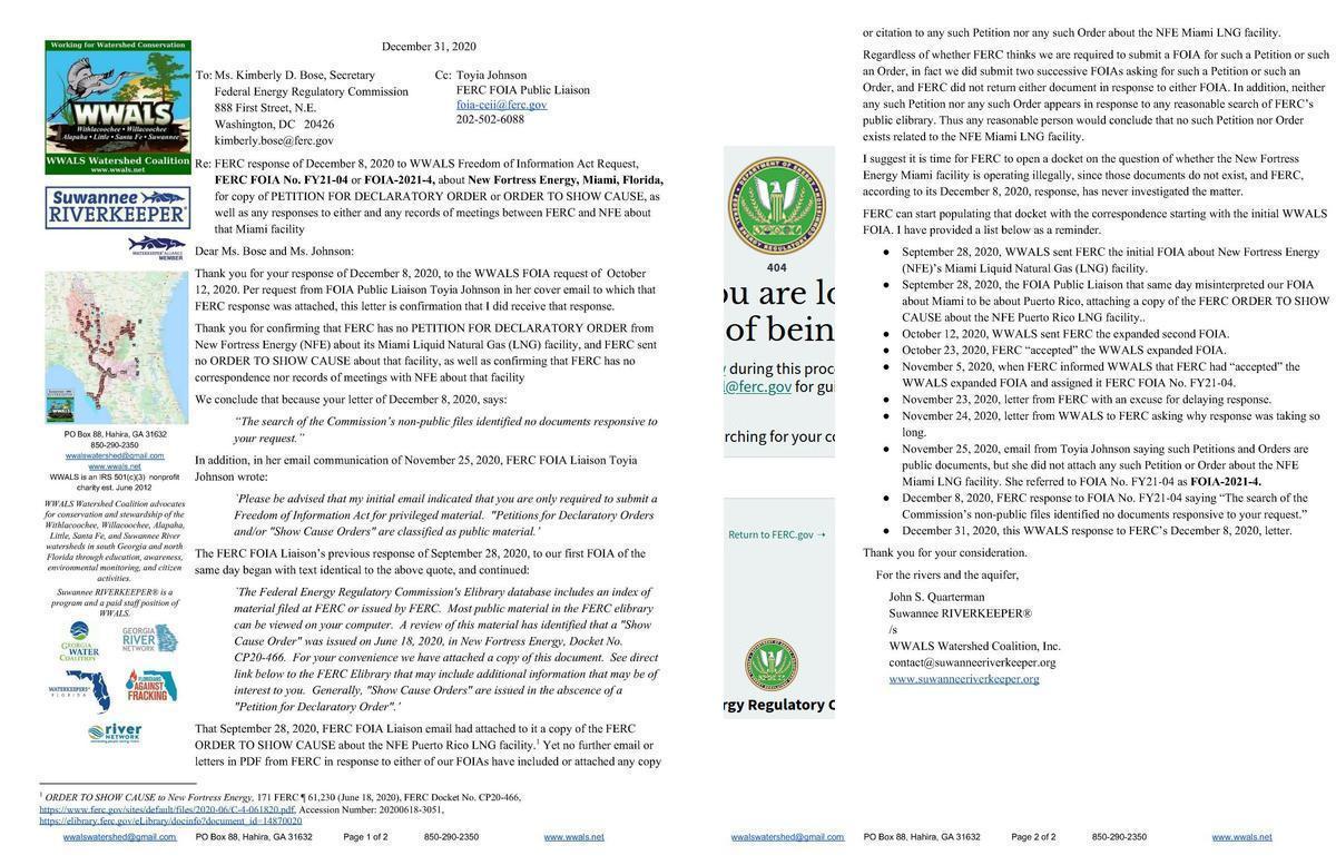 WWALS letter and FERC 404