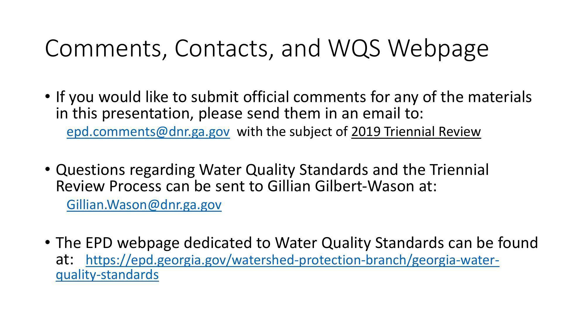 Comments, Contacts, and WQS Webpage