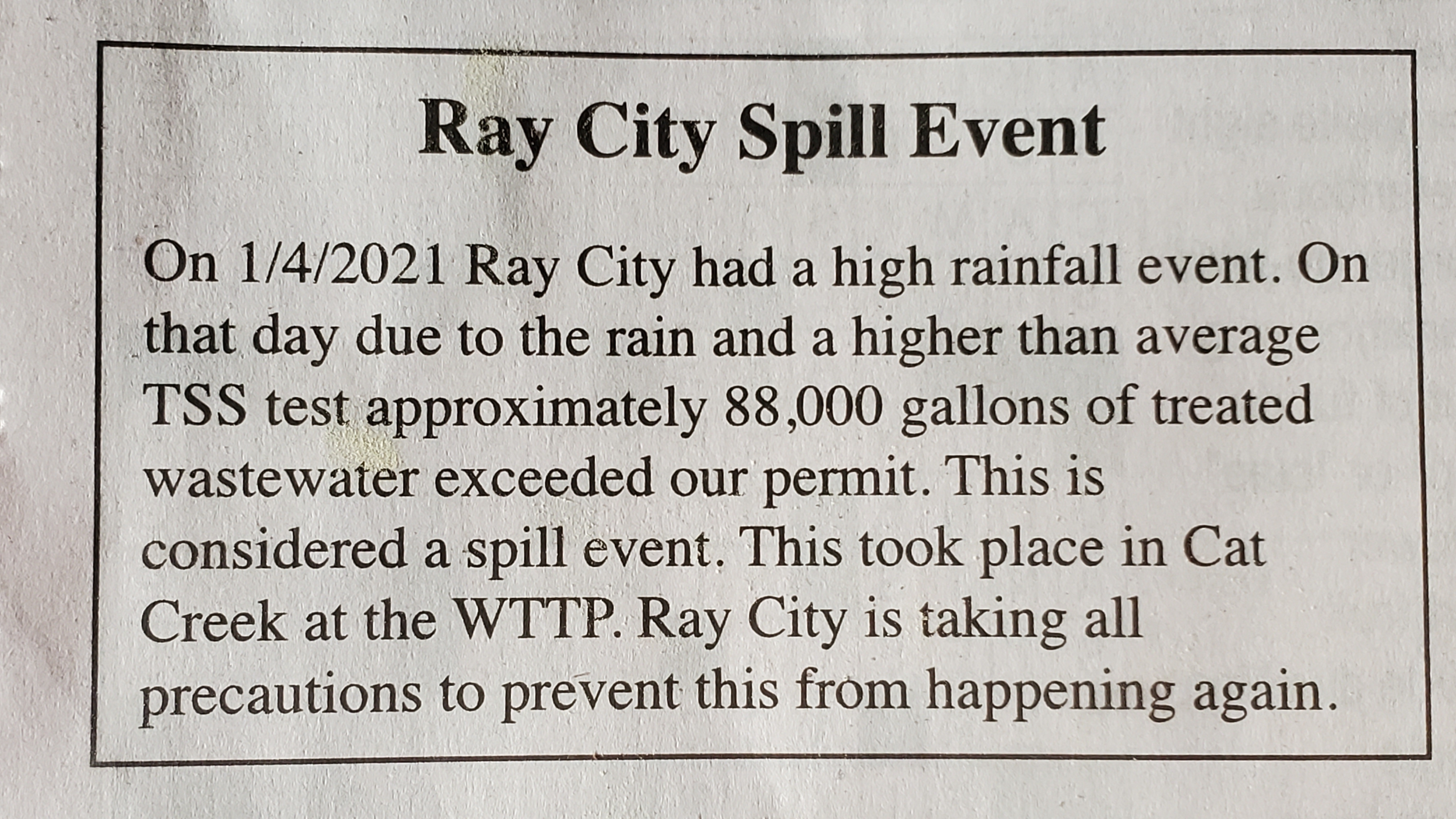 Ray City Spill Event 2021-01-04