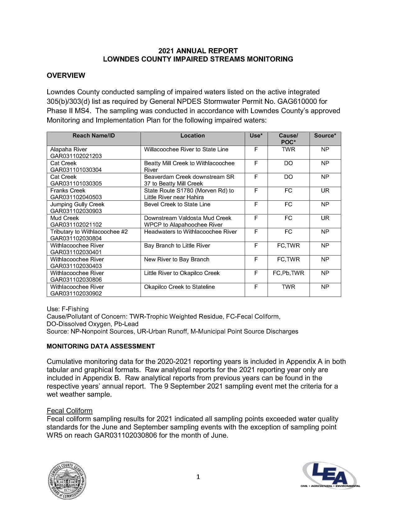 Overview, Fecal Coliform