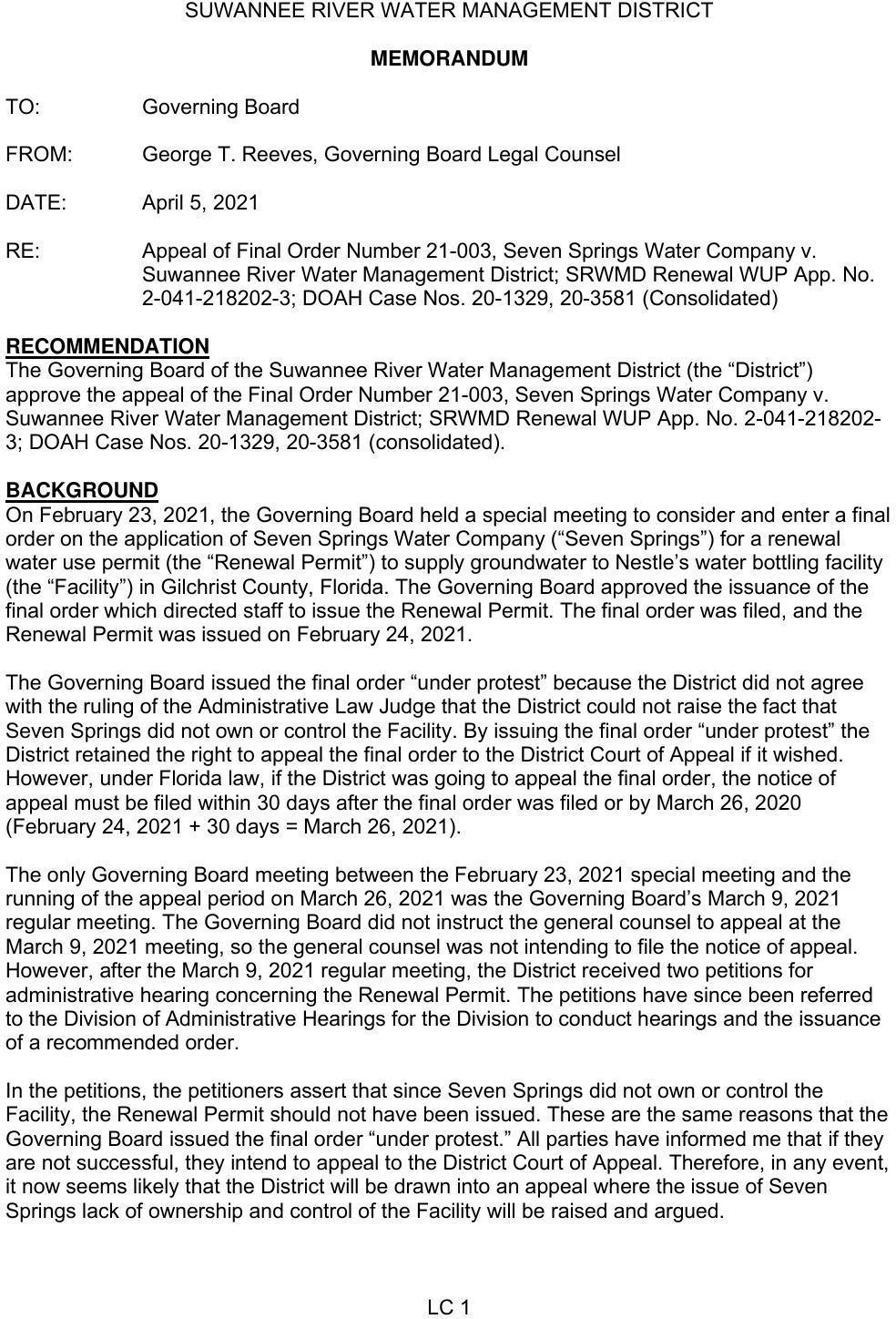 Petitions received about Seven Springs not owning the Nestle Ginnie Springs facility