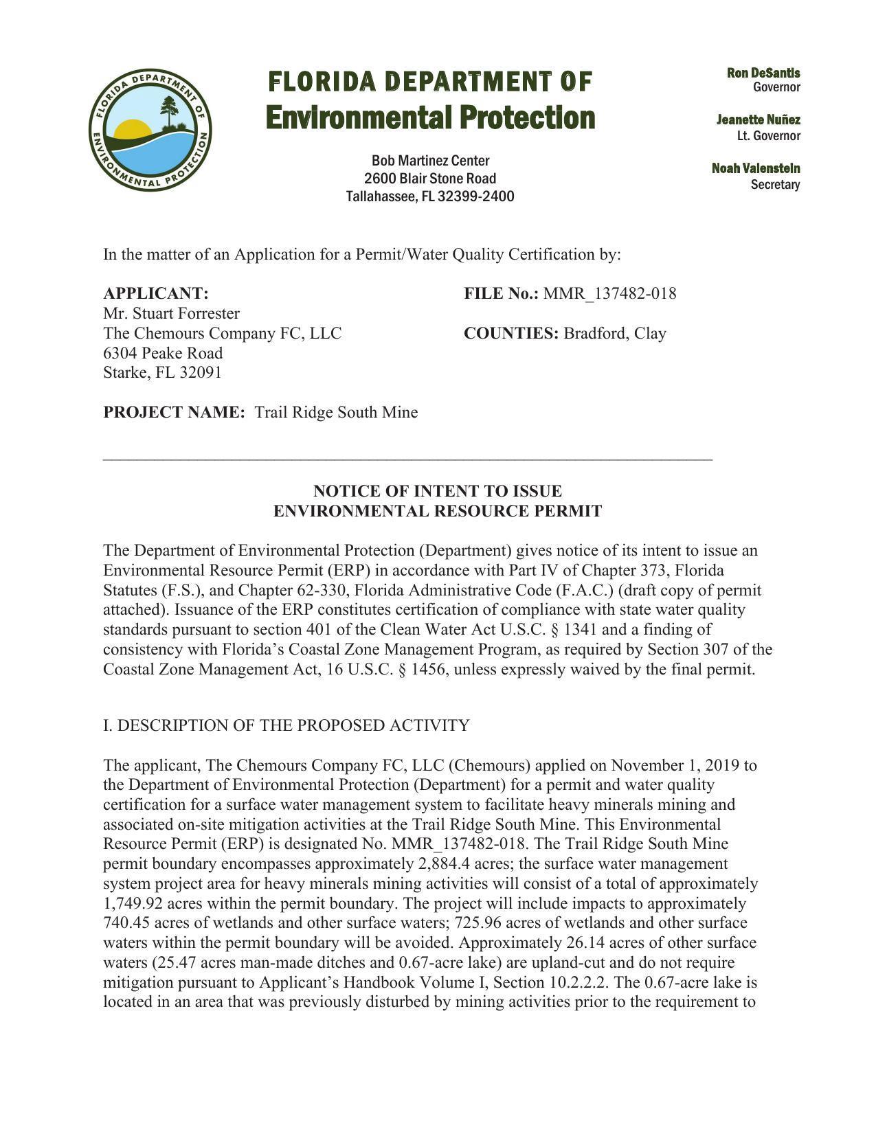 FDEP Notice of Intent to Issue Permit