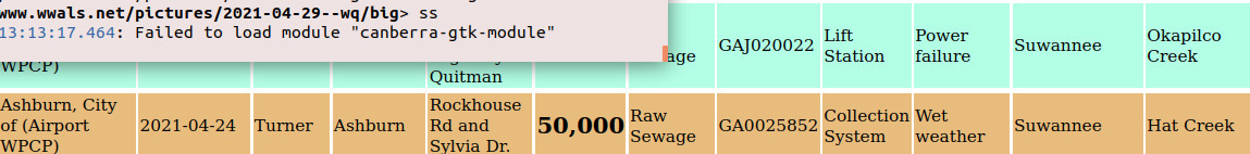 Quitman 75,000 gallons, Ashburn 50,000 gallons, raw sewage