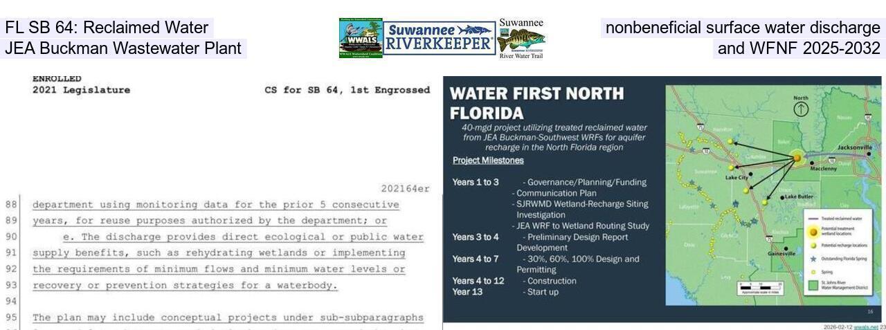 FL SB 64: Reclaimed Water, nonbeneficial surface water discharge, JEA Buckman Wastewater Plant, and WFNF 2025-2032
