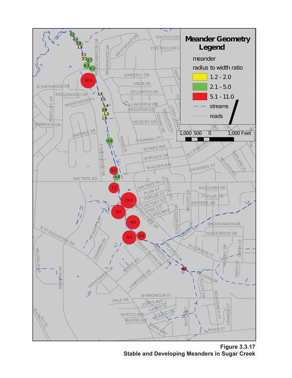 Figure 3.3.17 Stable and Developing Meanders in Sugar Creek