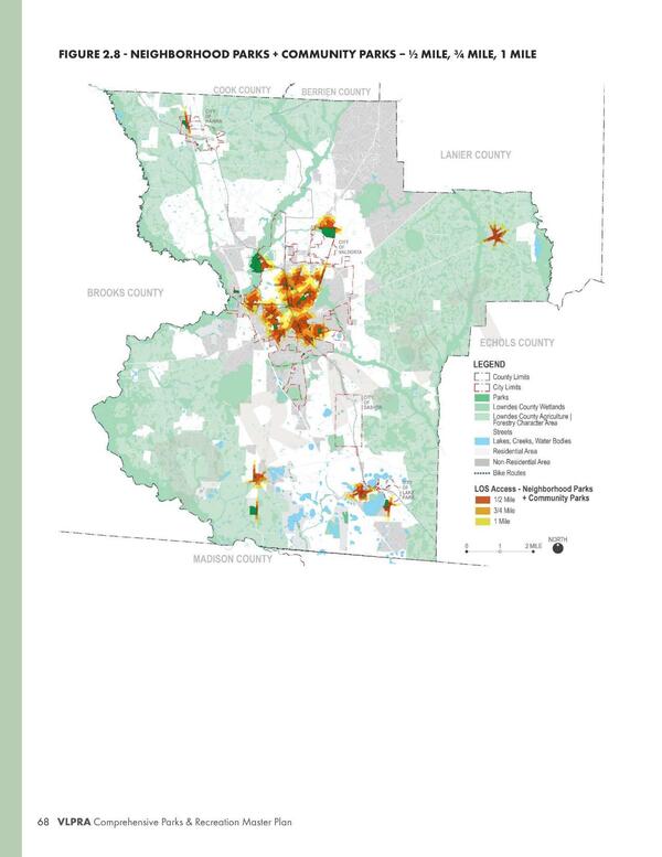 FIGURE 2.8 - NEIGHBORHOOD PARKS + COMMUNITY PARKS - 1/2 MILE, 3/4 MILE, 1 MILE