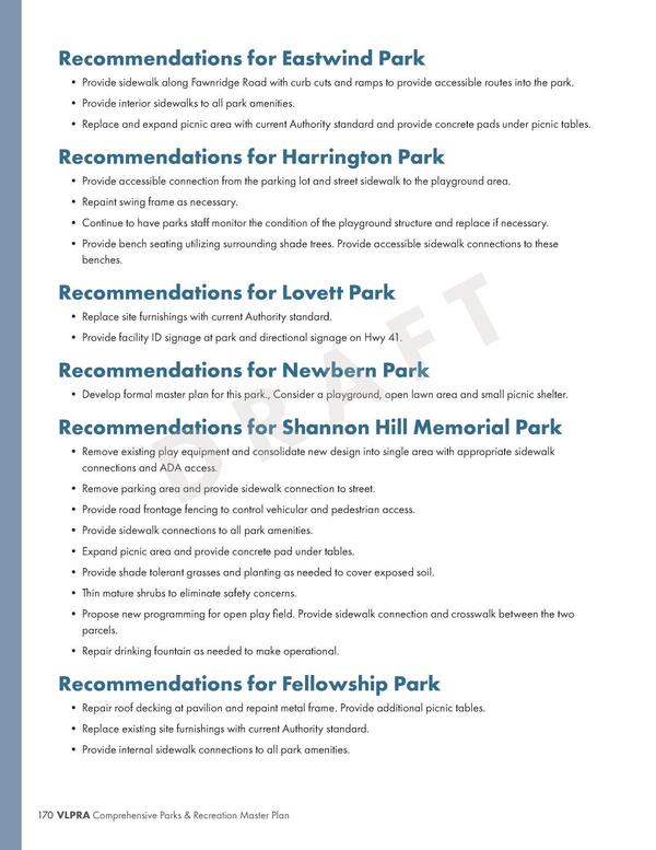 Recommendations for Eastwind Park, Harrington Park, Lovett Park, Newbern Park, Shannon Hill Memorial Park, Fellowship Park