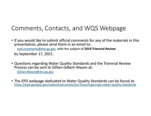 Comments, Contacts, and WQS Webpage