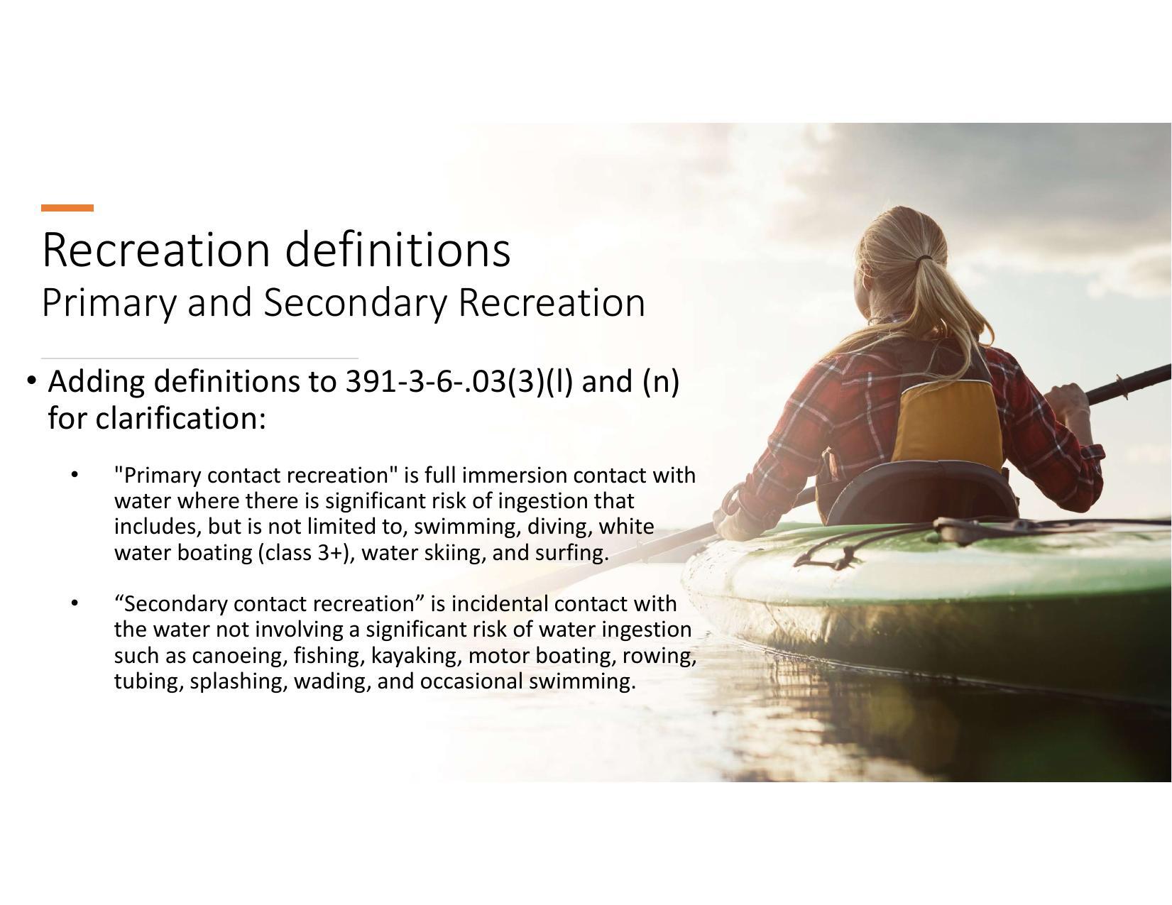 Recreation definitions: Primary and Secondary Recreation