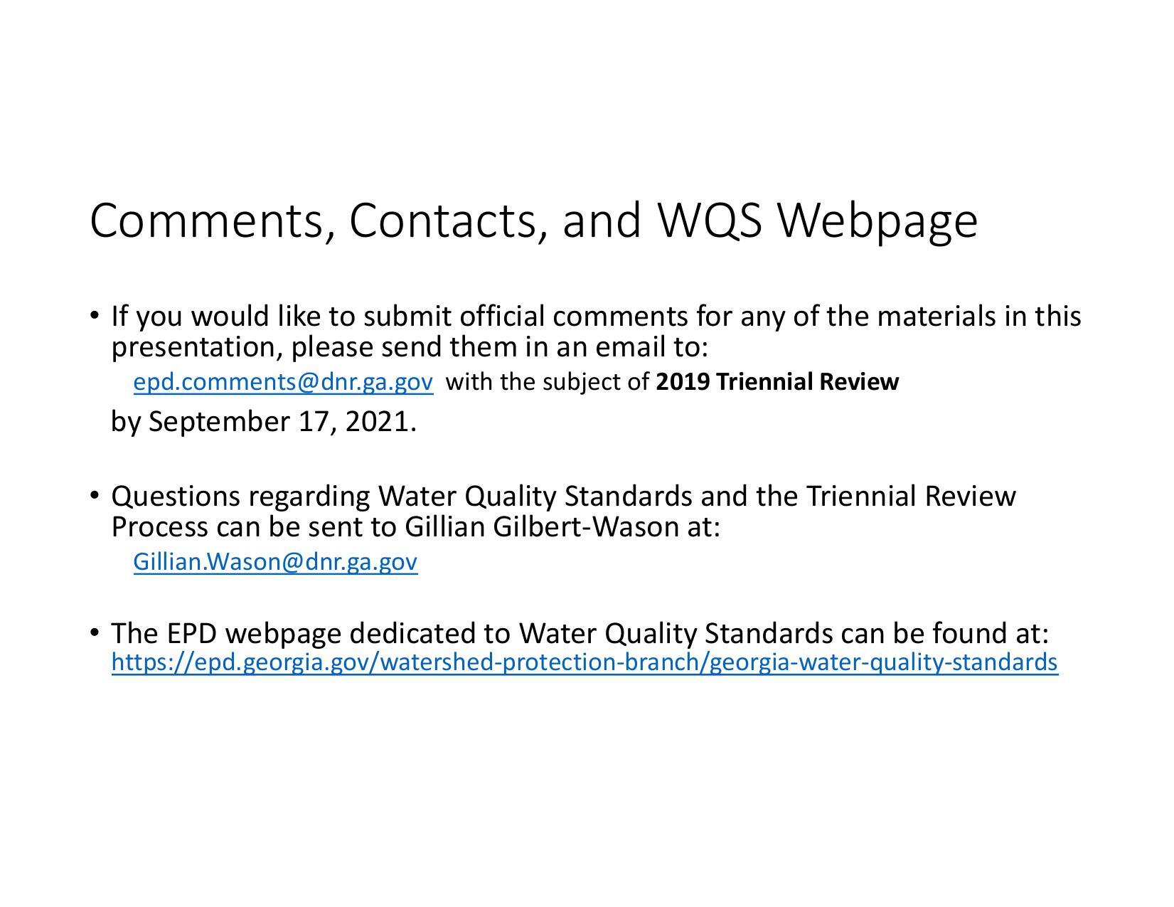 Comments, Contacts, and WQS Webpage