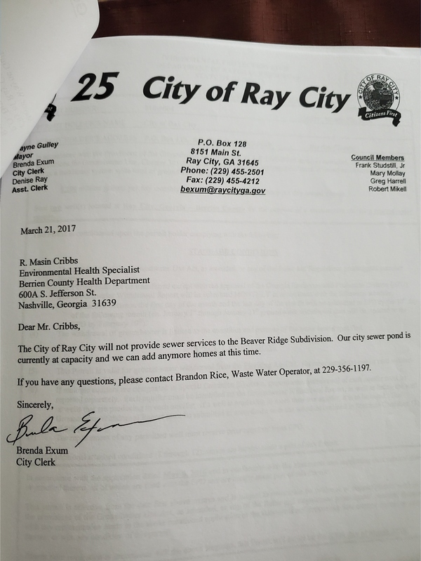 [The City of Ray City will not provide sewer services to the Beaver Ridge Subdivision.]