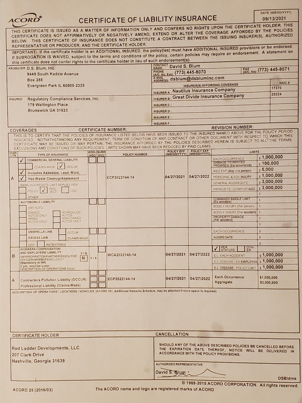 Certificate of Liability Insurance