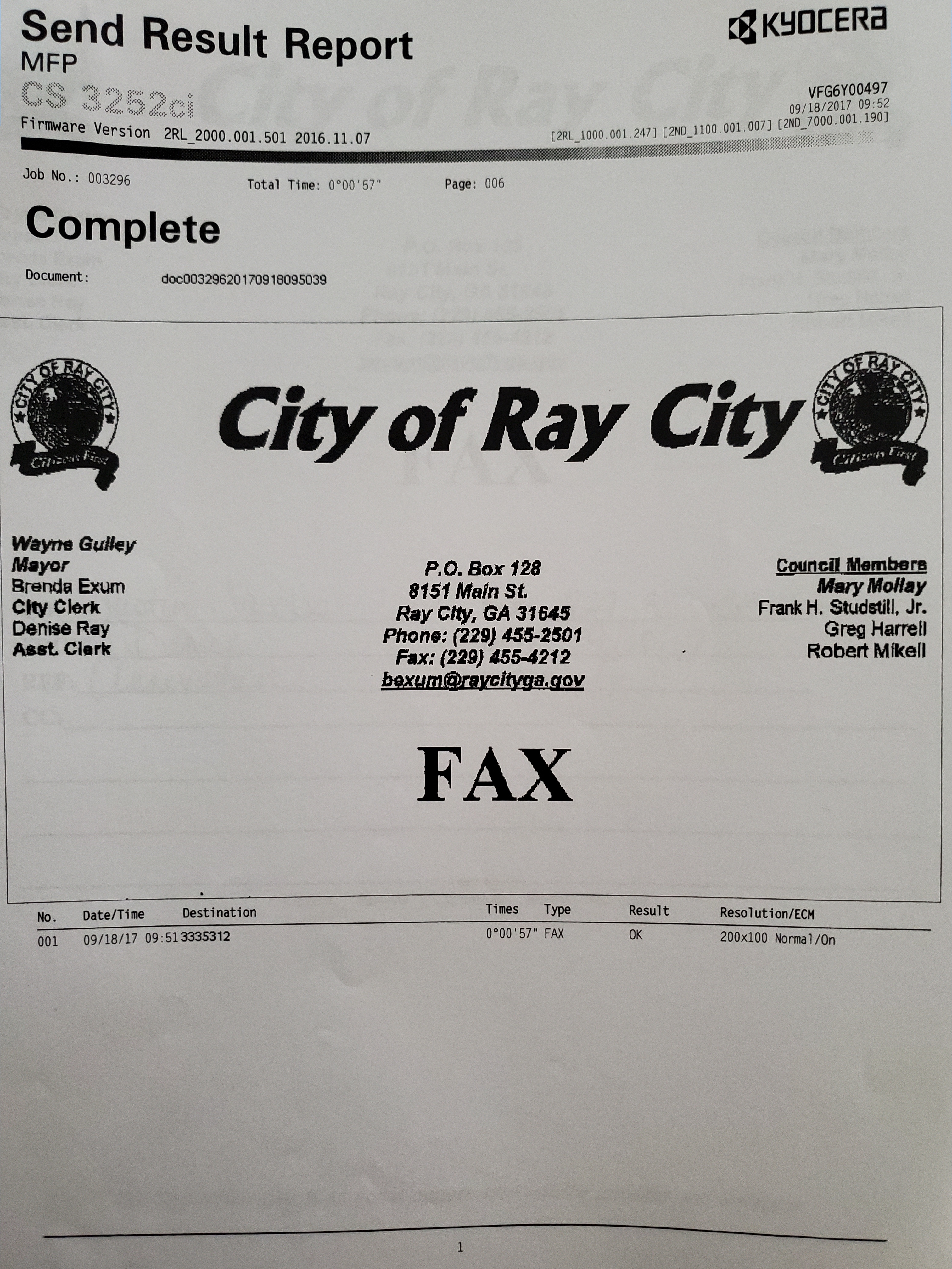 City of Ray City FAX Send Result Complete 2017-09-18