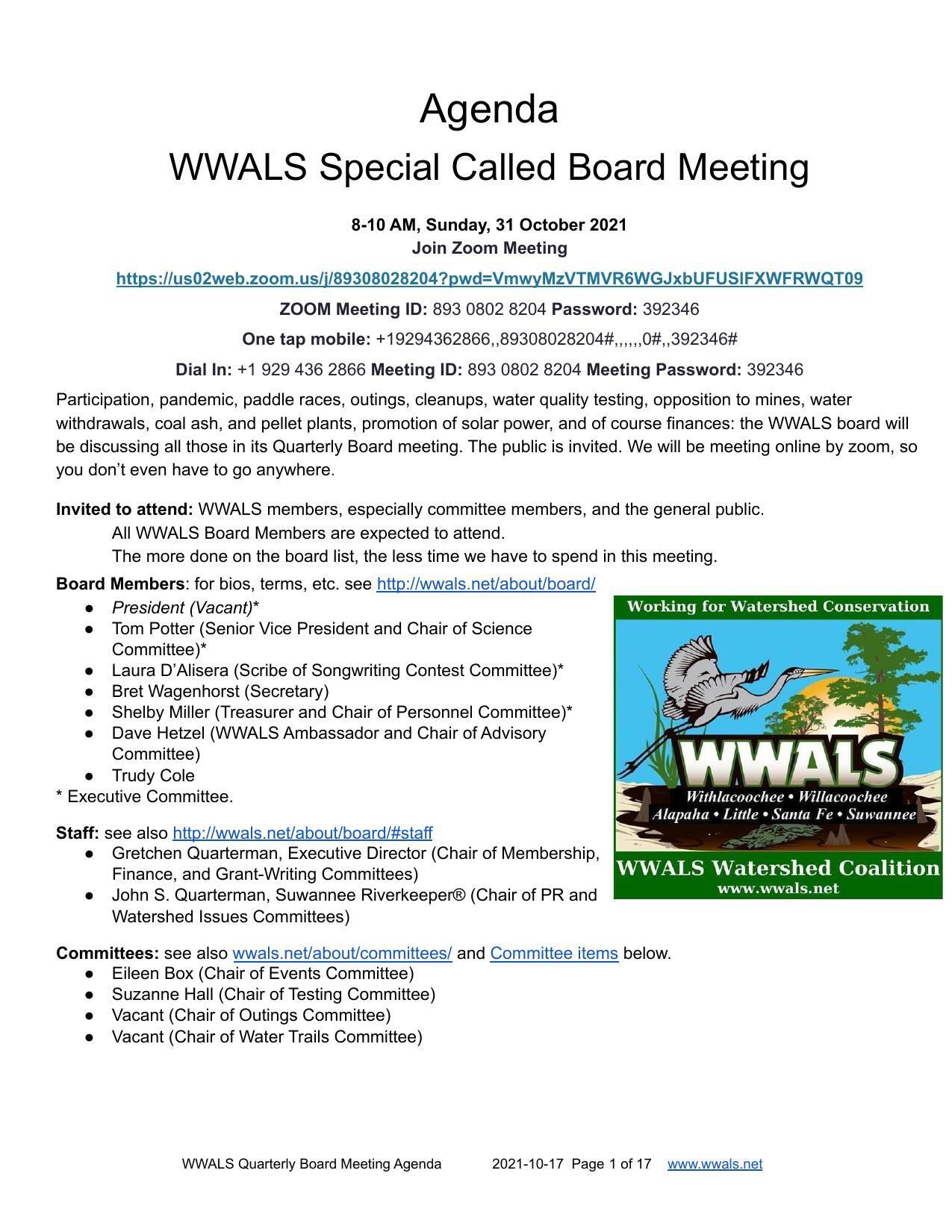 2021-10-31--wwals-quarterly-board-meeting-agenda-0001 Board, Staff, Committees