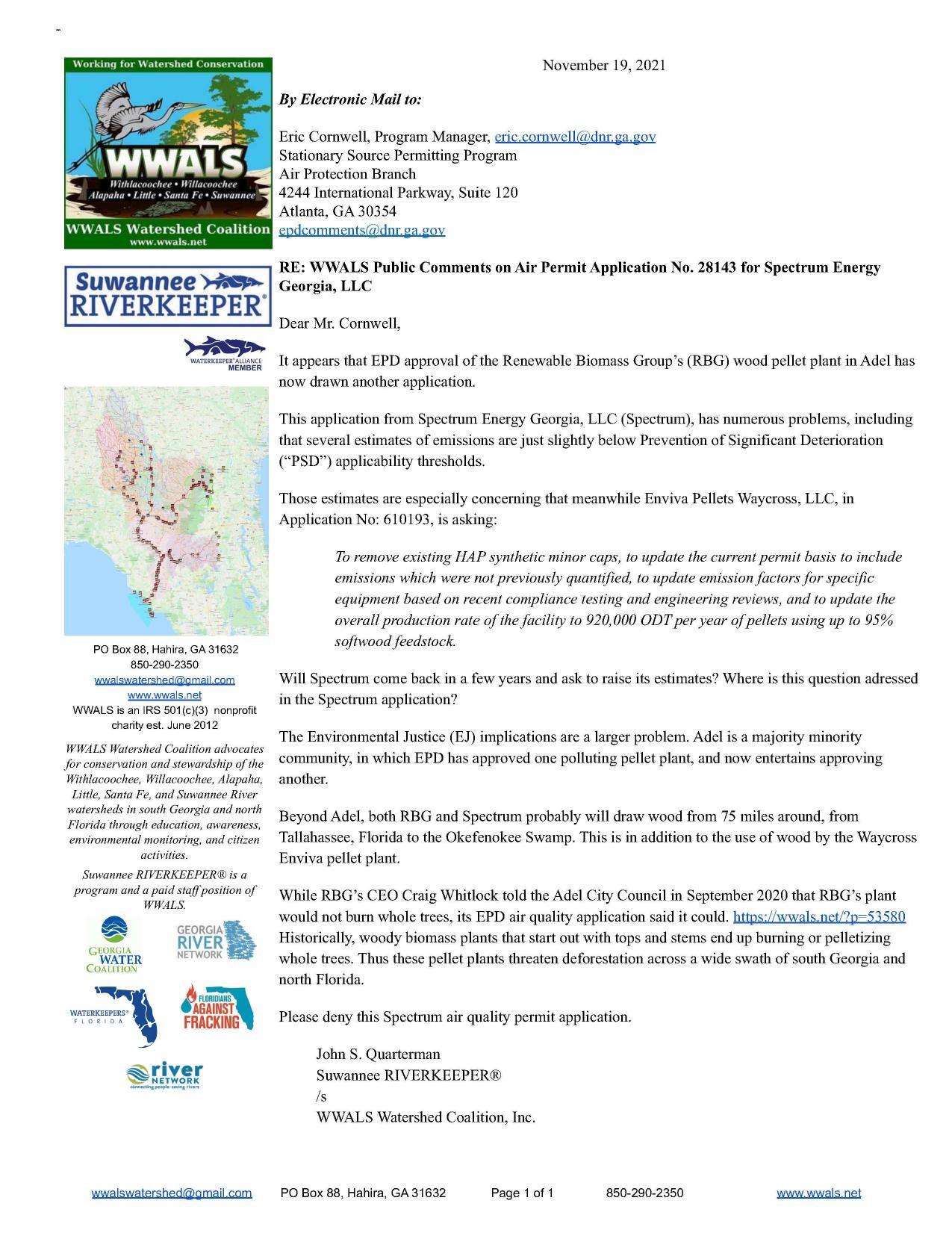 WWALS Public Comments on Air Permit Application No. 28143 for Spectrum Energy Georgia, LLC 2021-11-19