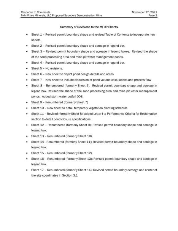 Summary of Revisions to the MLUP Sheets